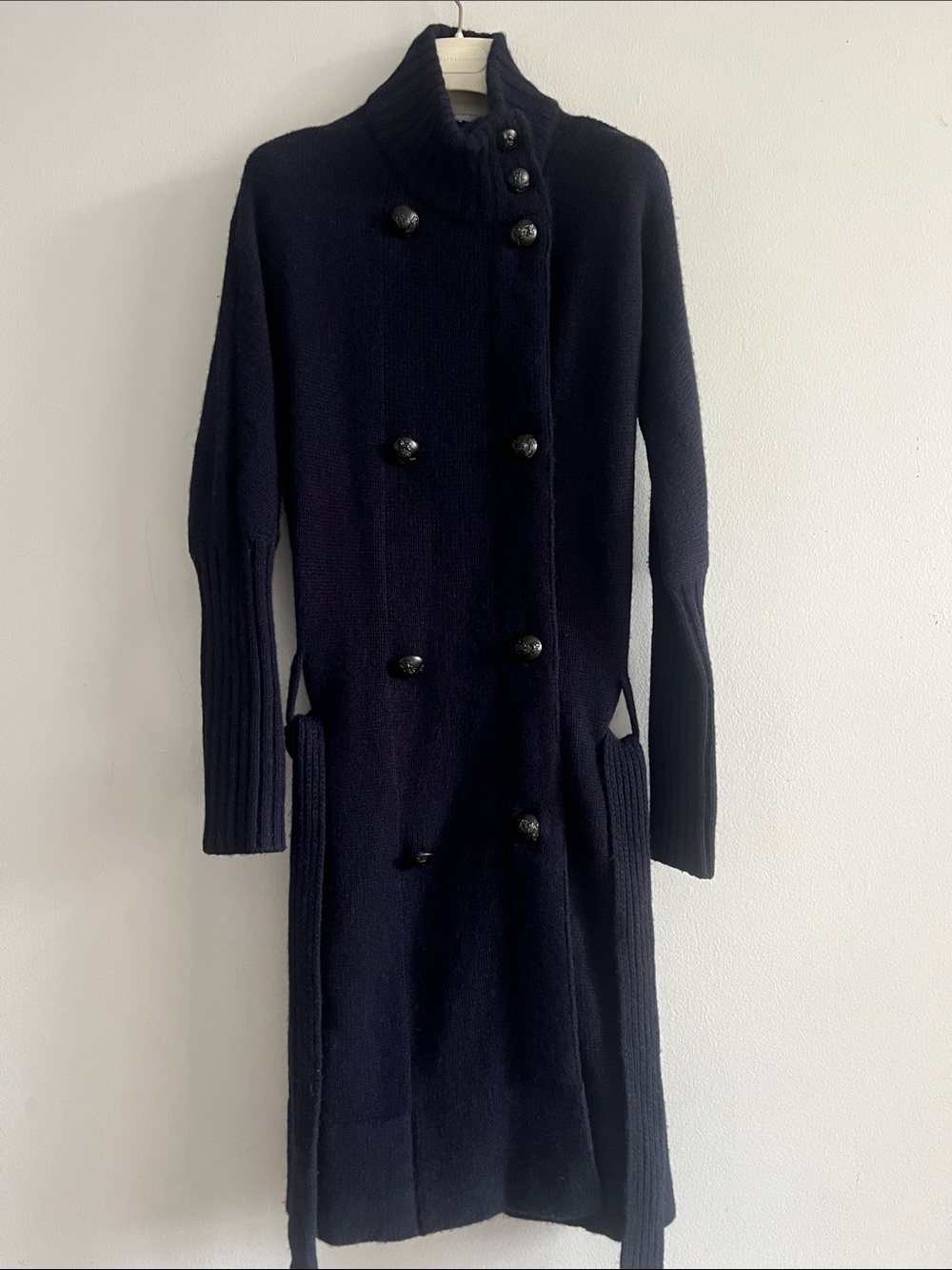 VINCE Double-breasted Military Navy Blue Knitted Alpaca Wool Cashmere Long Cardi